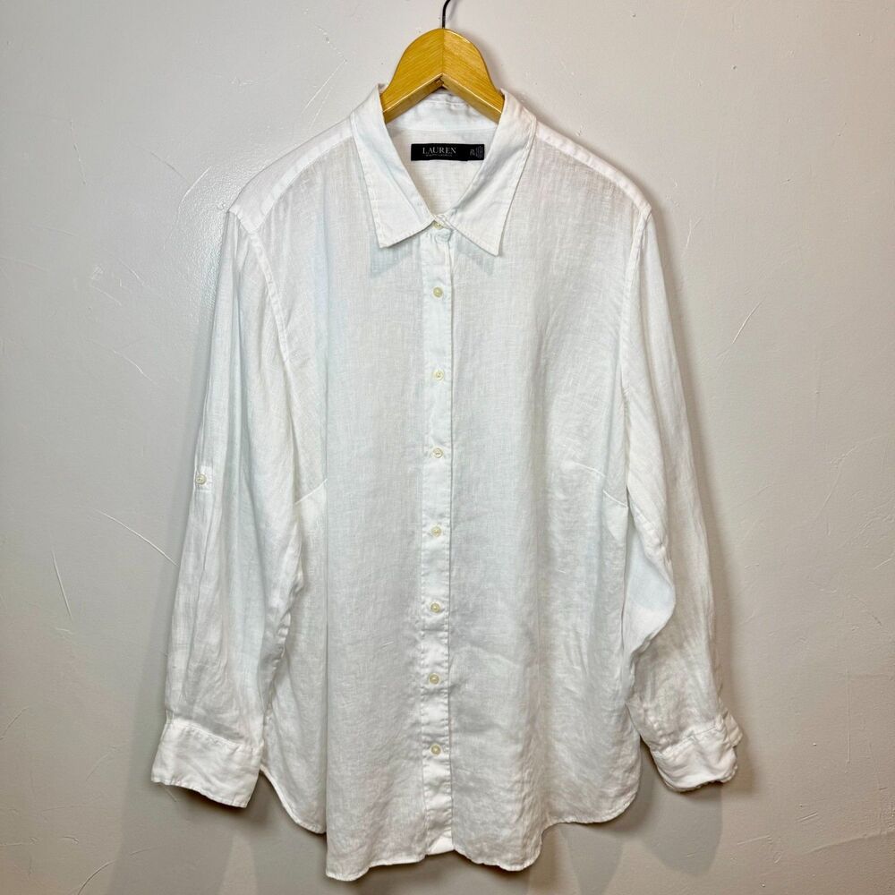 Lauren Ralph Lauren White Shirt Long Sleeve Button Linen Size 2X Casual Work - Picture 4 of 11